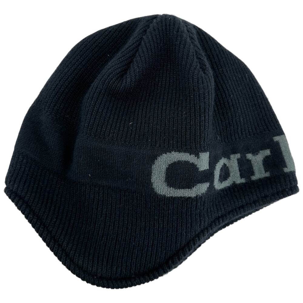 Carhartt Ear Flap Beanie Hat Logo Spell Out Fleece 100% Acrylic Navy Blue OS